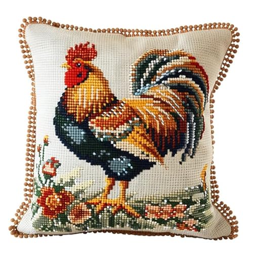 Lfynior Kreuzstichkissen Set Huhn Stickkissen zum Selbersticken 45X45cm Stickpackung Stickset Kreuzstich Kissen zum Basteln Stickkissen Stickpackung mit Vorgedruckt Kreuzstichmotiv von Lfynior