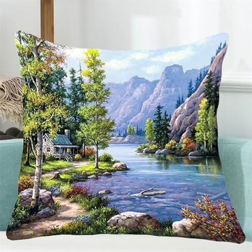 Lfynior Kreuzstichkissen Set Landschaft Stickkissen mit Muster 45X45cm Stickpackung Stickset Kreuzstich Kissen zum Basteln Stickkissen Stickpackung mit Vorgedruckt Kreuzstichmotiv von Lfynior