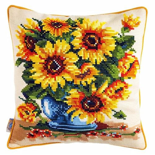 Lfynior Kreuzstichkissen Set Sonnenblume Stickkissen mit Muster 45X45cm Stickpackung Stickset Kreuzstich Kissen zum Basteln Stickkissen Stickpackung mit Vorgedruckt Kreuzstichmotiv von Lfynior