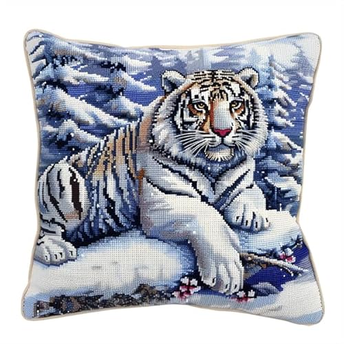 Lfynior Kreuzstichkissen Set Tiger Stickkissen mit Muster 45X45cm Stickpackung Stickset Kreuzstich Kissen zum Basteln Stickkissen Stickpackung mit Vorgedruckt Kreuzstichmotiv von Lfynior