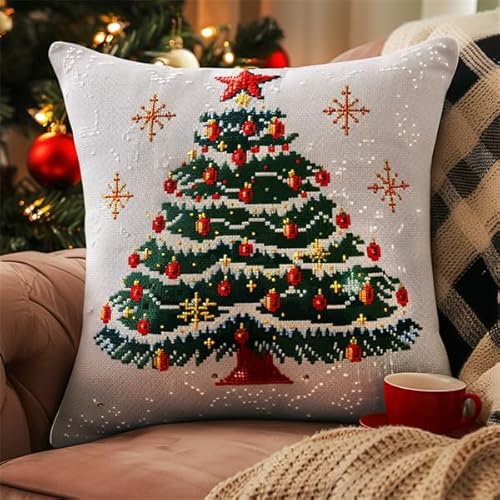 Lfynior Kreuzstichkissen Set Weihnachtsbaum Stickkissen zum Selbersticken 45X45cm Stickpackung Stickset Kreuzstich Kissen zum Basteln Stickkissen Stickpackung mit Vorgedruckt Kreuzstichmotiv von Lfynior