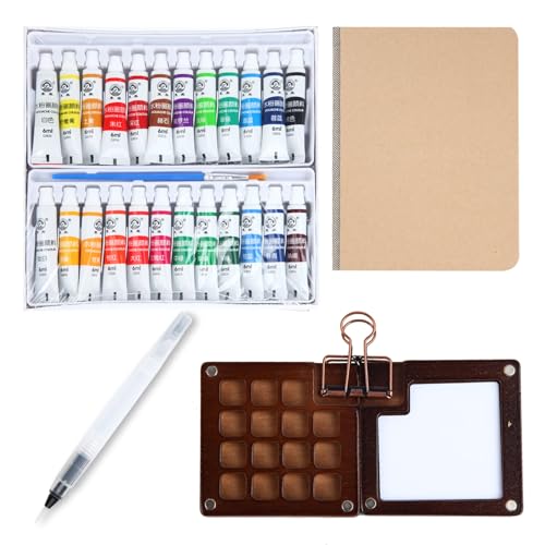 LgowithU Mini Aquarell Travel Set, 24 Farben x 6ml Tuben Wasserfarben Palette, Skizzenbuch Palette Set, Tragbares Mini-Aquarell-Paletten Set für Künstler, Hobbymaler, Anfänger und Studenten(15 Gitter) von LgowithU