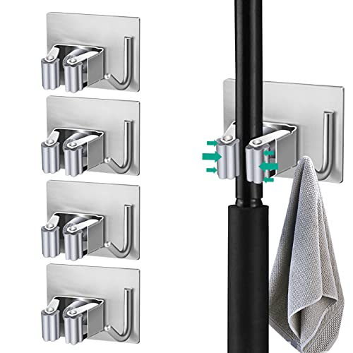 LgowithU Mopp-Besenhalter, 4 Stück, Edelstahl, selbstklebender Mopphalter, Wandmontage, Organizer, Besengreifer mit Haken, Aufhänger für Küche, Garage, Badezimmer, Schrank (Silber) von LgowithU