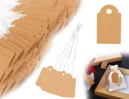 Lhbwhiz 200 Stück Preisschilder,Kraftpapier Preisetiketten,Hängeetiketten Geschenkanhänger mit Schnur,Anhänger Etiketten,Schmuck-Preisschilder,Preis Anhänger zum Schmuck Kleidung(Braun,1.5 * 2.5cm) von Lhbwhiz