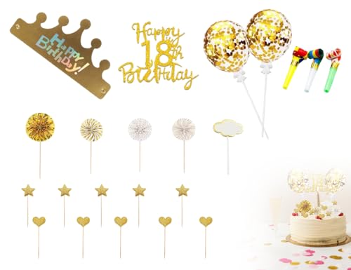 Lhbwhiz 22 Pcs Tortendeko 18 Geburtstag,18th Mädchen Junge Kuchendeko,18ter Happy Birthday Cake Topper,Kuchen Dekoration mit Torten Topper,Sternen Konfetti-Luftballons und Papierfächer(Gold) von Lhbwhiz