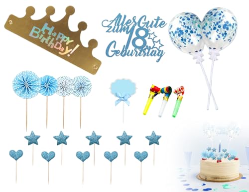 Lhbwhiz 22 Stück Tortendeko 18 Geburtstag,18 Jahre Happy Birthday Kuchendeko,18ter Mädchen Jungen Glitzer Cake Topper,Kuchen Party Dekoration mit Sternen,Konfetti-Luftballons und Papierfächer(Blau) von Lhbwhiz