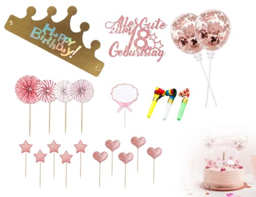 Lhbwhiz 22 Stück Tortendeko 18 Geburtstag,18 Jahre Happy Birthday Kuchendeko,18ter Mädchen Jungen Glitzer Cake Topper,Kuchen Party Dekoration mit Sternen,Konfetti-Luftballons und Papierfächer(Rosa) von Lhbwhiz