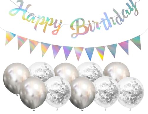 Lhbwhiz Happy Birthday Girlande Set,Geburtstag Deko Banner mit Ballons Dreiecksflaggen,Konfetti Luftballons,Wimpelkette,Partydekorationen,für Junge Mädchen(Silber) von Lhbwhiz