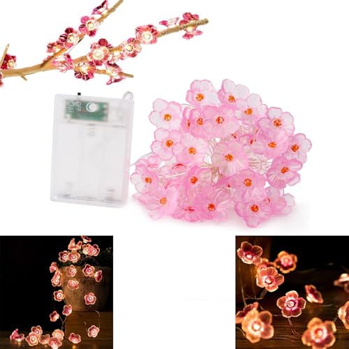 Lhdfyqt Kirschblüten Rosa Lichterkette, 5m 50 LEDs, Lichterkette Kirschblüten Deko, LED Innen Kirschblüten Deko, LED Lichterkette Kirschblüten Innen, für Dekoration, Festival, Party, Hochzeit von Lhdfyqt