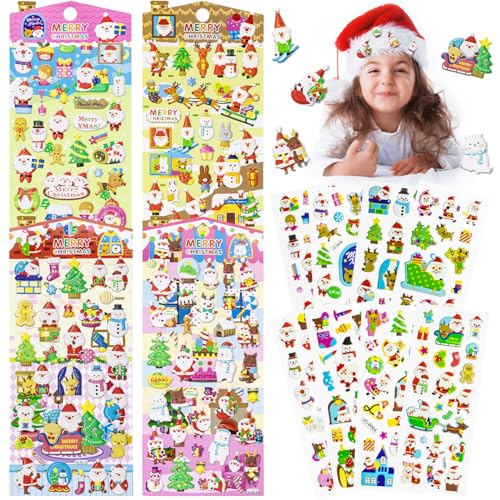 3D Weihnachten Aufkleber für Kinder, Weihnachtssticker Selbstklebend Glitzer Scrapbook Sticker Weihnachten Stickers für Dekoration Scrapbooking Verpackung (12 Blätter) von LhyBtm