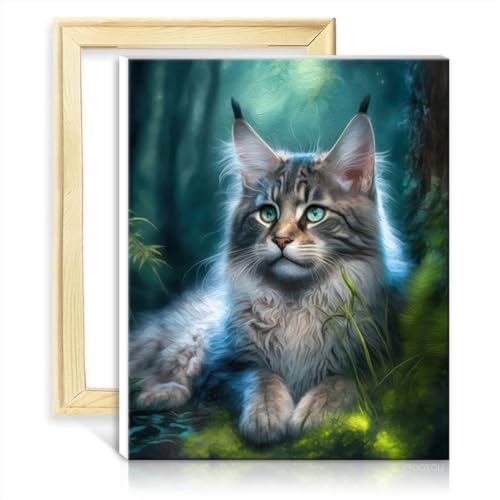 LiHEQING Malen nach Zahlen, entzückende Maine-Coon-Katze, DIY-Malen-nach-Zahlen-Set, Zahlenmalerei, Anti-Stress-Spielzeug mit Rahmen (40 x 50 cm) von LiHEQING