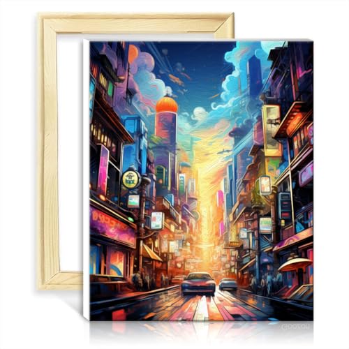 LiHEQING Ölgemälde-Set auf Leinwand, Neon-Stadt Tokio, DIY, Malen nach Zahlen, für Erwachsene und Anfänger, Heimdekoration, Gemälde, Geschenk, ohne Rahmen (40 x 50 cm) von LiHEQING