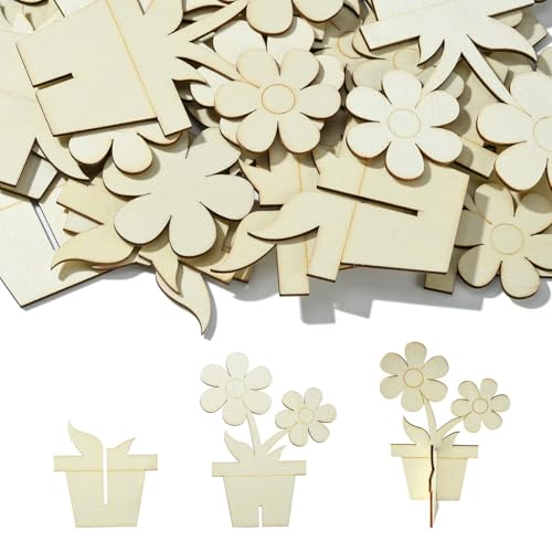 LiQunSweet 10 Stück kreative Blumentopf-Form, ungefärbte Holzausschnitte, Charms, Frühlingsblumen-Holzscheiben für DIY-Druck, Kunst, Handwerk, Heimverzierungen, Dekoration von LiQunSweet