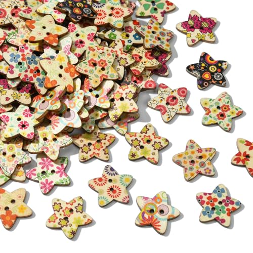 LiQunSweet 100 Stück Stern mit Blumen-Thema, bedruckte Holzknöpfe mit 2 Löchern, bedruckte Nähknöpfe für DIY, Nähen, Kleidung, Handwerk, Tasche, Dekoration von LiQunSweet