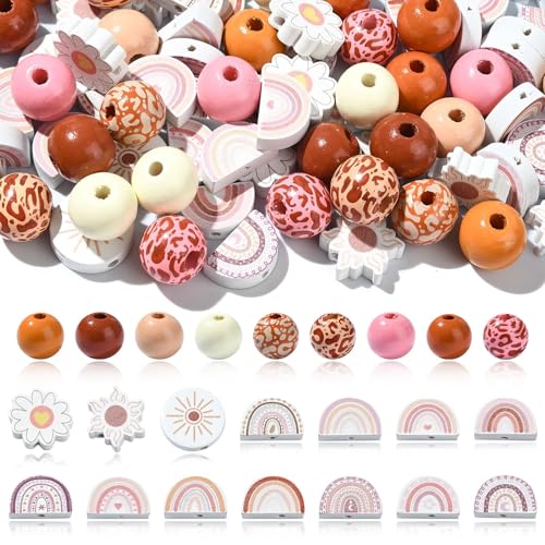 LiQunSweet 100 Stück böhmische orangefarbene Holzperlen, rund, Regenbogenperlen, Frühlingsblumen, Holzperlen für Bastelarbeiten, Makramee, Dekoration, Armbänder, Schmuck, DIY-Girlande, Quasten von LiQunSweet