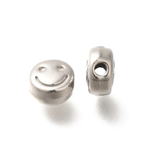 LiQunSweet 20 Stück 304 Edelstahl Happy Face Perlen Metall lose flache runde Abstandshalter Perlen flach rund mit lächelndem Gesicht Perlen für DIY Kunst Handwerk Ohrringe Schlüsselanhänger von LiQunSweet