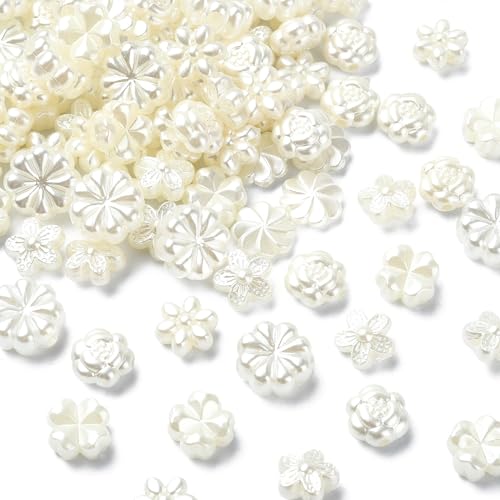 LiQunSweet 200 Stück 6 Stile ABS-Kunststoff-Imitationsperlen in Blumenform, weiße Frühlingsblumenklee-Perlen für DIY-Schmuck, Armbänder, Bastelarbeiten, Taschendekorationen von LiQunSweet