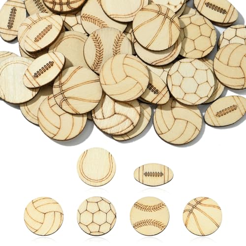 LiQunSweet 200 Stück Holzscheiben mit Sportball-Motiv, ungefärbt, Cabochons, Basketball, Fußball, Rugby, Tennis, Holzscheiben für DIY-Druck, Kunst, Handwerk, Heimverzierungen von LiQunSweet