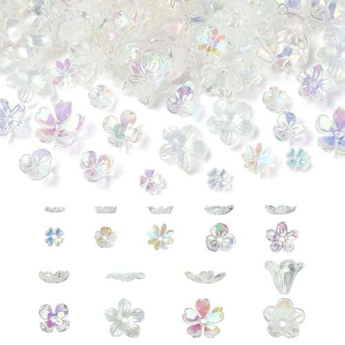 LiQunSweet 200 Stück transparente Blumen-Acryl-Perlenkappen in 9 Stilen, Frühlingsblumen-Harz-Abstandshalter für DIY-Schmuck, Armband, Ohrringe, Bastelzubehör von LiQunSweet