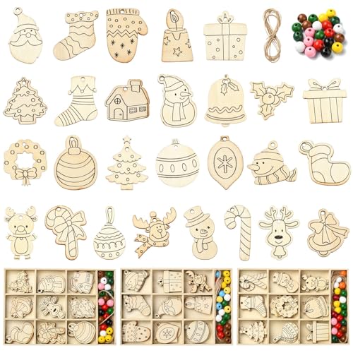 LiQunSweet 27 Stück 9 Stile Weihnachten Thema unlackiertes Holz Ausschnitt Charms Kit Weihnachtsbaum Hirsch Glocke Holzscheiben mit bunten Perlen für DIY Druck Kunst Handwerk Zuhause Verzierungen von LiQunSweet