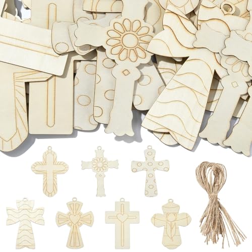 LiQunSweet 35 Stück 7 Stile Kreuzförmige unlackierte Holzausschnitte Charms religiöse Kruzifix-Jesus-Holzscheiben mit Jute-Kordeln für DIY Malerei Kunst Handwerk Heimverzierungen von LiQunSweet