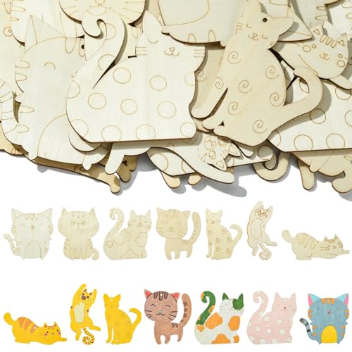 LiQunSweet 40 Stück 8 Stile schöne Katzenform, ungefärbte Holzausschnitte, Charms, Kätzchen, Haustiere, Tiere, Holzscheiben für DIY-Druck, Kunst, Handwerk, Heimverzierungen von LiQunSweet