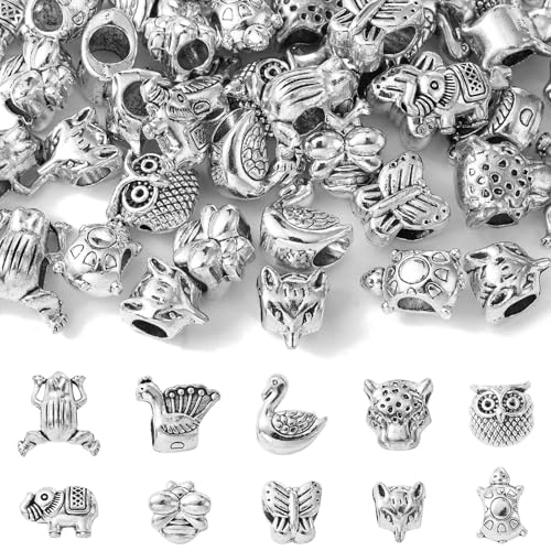 LiQunSweet 50 Stück 10 Stile Antik-Silber Tiermotiv Legierung Lose Perlen Vintage Große Loch Abstandshalter Perlen für DIY Schmuck Armband Handwerk Zubehör von LiQunSweet