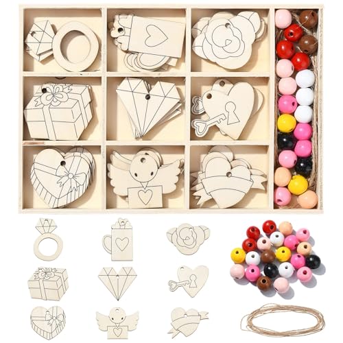 LiQunSweet 54 Stück 9 Stile Valentinstag Thema Unlackiertes Holz Cutout Charms Kit Herz Ring Blumenförmige Holzscheiben mit Perlen für DIY Farbe Hochzeit Zuhause Verzierungen von LiQunSweet