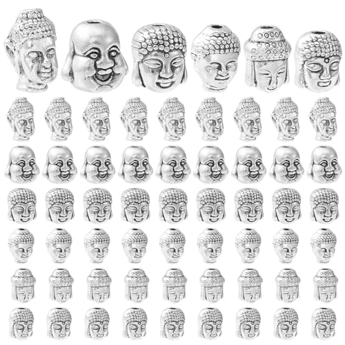 LiQunSweet 60 Stück 6 Stile Antik-Silber Buddha-Kopf-Perlen Legierung lose Abstandshalter Vintage Punk Perlen für Schmuck Armbänder Ohr-Halsketten Geschenk von LiQunSweet