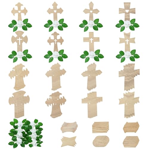 LiQunSweet 8 Stück 8 Stile religiöses Kreuz ungefärbt Holz Ausschnitt Kruzifix Holzscheiben Dekoration mit weißen Blumen Blatt für DIY Druck Kunst Handwerk Zuhause Verzierungen von LiQunSweet