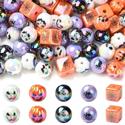 LiQunSweet Acrylperlen mit Halloween-Motiv, Kürbis-, Geist-, Spinnen-Würfel, runde Perlen für selbstgemachten Schmuck, Armband, Halskette, Ohrringe, Handwerk, Tasche, Schlüsselanhänger, Verzierungen, von LiQunSweet