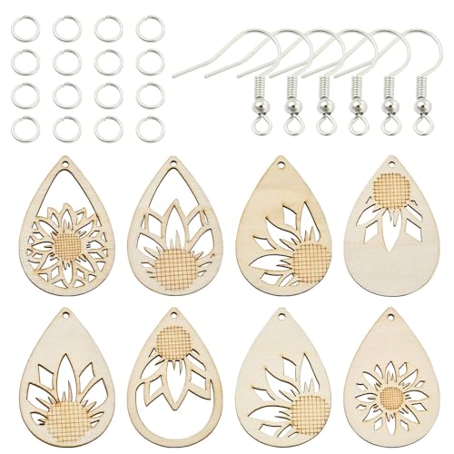 LiQunSweet Unlackiertes Holz-Ohrring-Set mit hohlen Sonnenblumen-Gänseblümchen-Charms, offene Binderinge, Haken für DIY-Schmuck, baumelnde Ohrringe von LiQunSweet