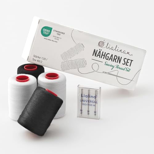 Lialina/Nähgarn Set inkl. Nähmaschinennadeln / 4 x 1000 m Weiß & Schwarz / 100% Polyester/OEKO-TEX/Stärke 120 / Reißfestes Nähgarn für Haushaltsnähmaschine Lialina/Nähgarn Set inkl. Nähmaschinennadeln / 4 x 1000 m Weiß & Schwarz / 100% Polyester/OEKO-TEX/Stärke 120 / Reißfestes Nähgarn für Haushaltsnähmaschine von Lialina