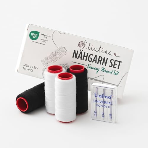 Lialina/Nähgarn Set inkl. Nähmaschinennadeln / 4 x 250 m Weiß & Schwarz / 100% Polyester/OEKO-TEX/Stärke 120 / Reißfestes Nähgarn für Haushaltsnähmaschine Lialina/Nähgarn Set inkl. Nähmaschinennadeln / 4 x 250 m Weiß & Schwarz / 100% Polyester/OEKO-TEX/Stärke 120 / Reißfestes Nähgarn für Haushaltsnähmaschine von Lialina