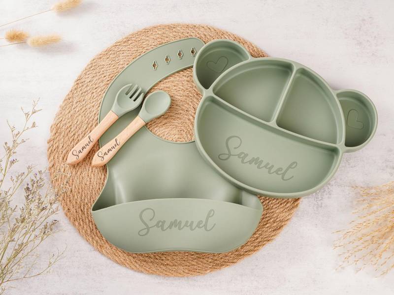 Custom Engraved Silicone Baby Weaning Set, Baby Plate Set With Name, Baby Feeding Shower Gifts, Christmas Gifts For Baby von Lianetze