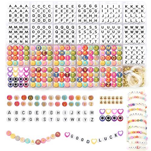 Liangding Buchstabenperlen, 980 Stück 7 mm Weiße Bunte A-Z Alphabet Perlen Buchstaben, Perlen Set zum Auffädeln Letter Beads Armbänder Selber Machen Liebe und Evil Eye Perlen für DIY Schmuck Basteln von Liangding