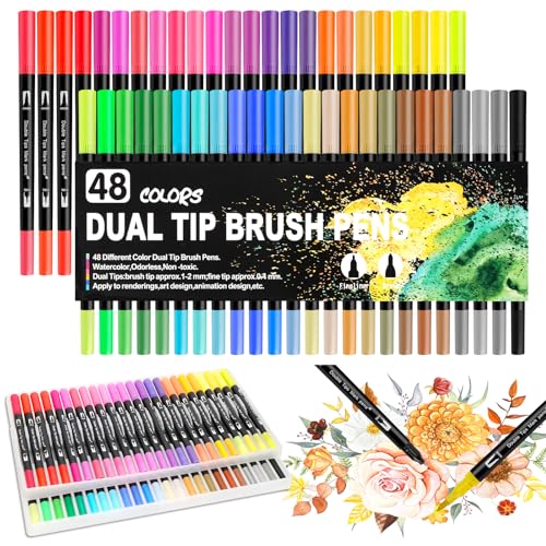 Libershine 48 Farben Dual Brush Pen Set, Aquarellpinsel Set,Filzstifte, Kalligraphie stifte Ideal für Kinder und Erwachsene, DIY zum Zeichnen, Schreiben, Färben, Skizzieren, Malen Nach Zahlen von Libershine