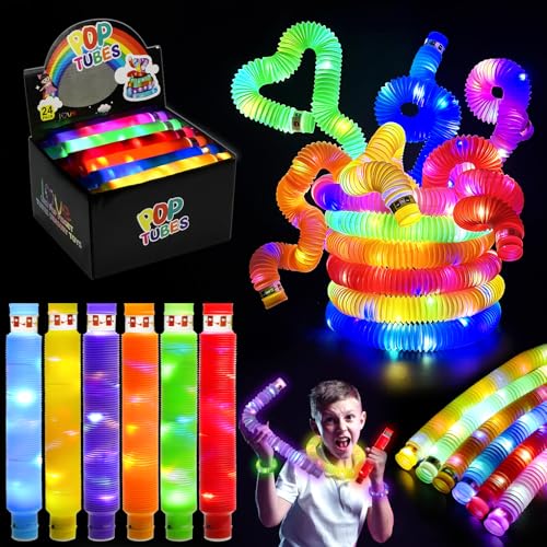 24 Stück Knicklicht Pop Tubes, LED Pop Tubes Fidget Toys Party Supplies Leuchtstäbe Knicklichter Armbänder Party Deko Set Bunt Sensorik Spielzeug Pop Röhren Mitgebsel Kindergeburtstag für Kinder von Libershine