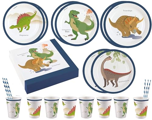 Libetui 44 Teile Geschirrset Dino Geschirr Party Kindergeburtstag Dinosaurier Teller Becher Servietten Dinosauri Geburtstag Kindergeburtstag Partygeschirr Pappgeschirr für 8 Kinder von Libetui