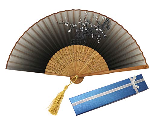 Libetui Handfächer Vintage Japanisches Stil Motiv Pfirsichblüte Fächer Dekofächer aus Bambus und Stoff Klappfächer Sommer Feste Party Hochzeit Hand Fan mit Geschenkbox (Schwarz-Braun) von Libetui