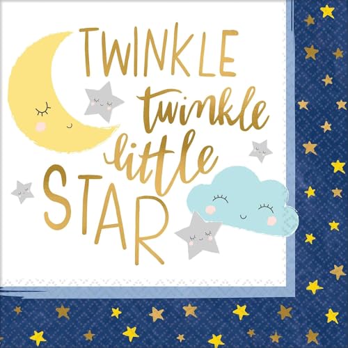 Set 16 niedliche Servietten Baby Party Twinkle Little Star Papierservietten Hallo Baby mit Motiven Mond, Wolke goldene Sterne Deko Babydusche Baby Shower, 33x33cm von Libetui