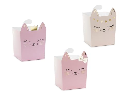 Set 3 Snackboxen süße Katze Snackschale aus Papier für Party Geburtstag Katzentreff – Partygeschirr Katze DIY Snack Behälter Farbe Hellpink, Creme, Lila von Libetui