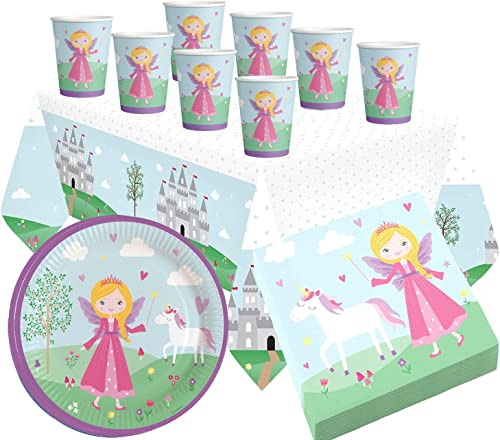 Set Partygeschirr Prinzessin und Einhorn 37 Teile aus Papier für Kindergeburtstag Teller Becher Servietten Partykette Prinzessin Partygeschirr Deko Geburtstag Mädchen von Libetui