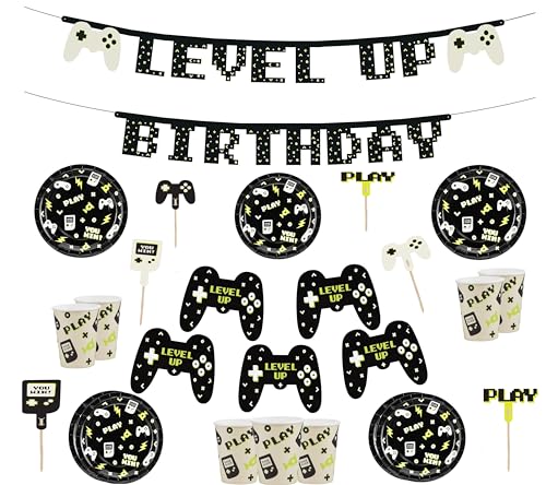 XXL Geschirrset Geburtstag LEVEL UP Gaming Videospiel Geburtstag Game Party Esport Partygeschirr Gburtstag Junge Erwachsene Pappgeschirr Cake Topper Banner 43 Teile für 12 Personen von Libetui