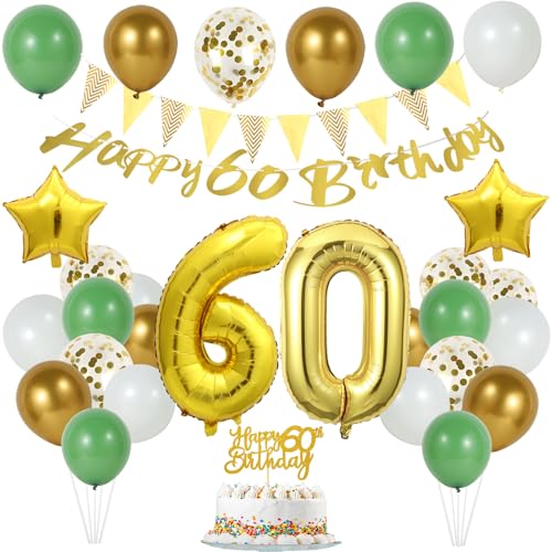 Dekorationen zum 60. Geburtstag für Männer und Frauen, Kuchendekoration zum 60. Geburtstag, Zahl 60, Ballon, Salbeigrün, Weißgold, Geburtstagsballons mit „Happy 60th Birthday“-Banner von Licootty