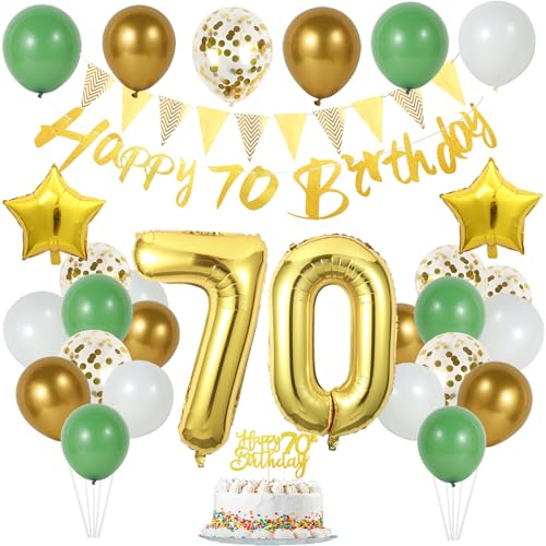 Dekorationen zum 70. Geburtstag für Männer und Frauen, Kuchendekoration zum 70. Geburtstag, Zahl 70, Ballon, Salbeigrün, Weißgold, Geburtstagsballons mit „Happy 70th Birthday“-Banner von Licootty