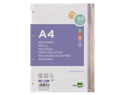 LIDERPAPEL Ersatzblock, A4, 200 + 50 Blatt, 90 g/m², 5 mm, mit Rand, 4 Löcher, 5 Pastellfarben von Liderpapel