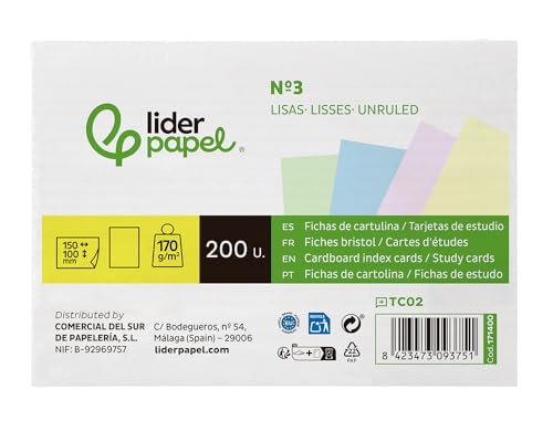 Liderpapel Karteikarte zum Lernen, glatter farbiger Karton, 170 g/m², 100 x 150 mm, Packung mit 200 Stück. von Liderpapel