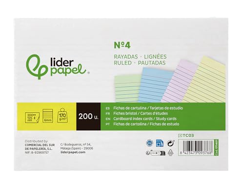 Liderpapel Karteikarte zum Lernen, liniert, farbiger Karton, 170 g/m², 100 x 150 mm, Packung mit 200 Stück. von Liderpapel