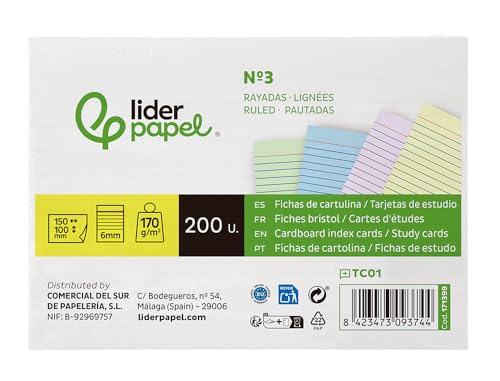 Liderpapel Karteikarte zum Lernen, liniert, farbiger Karton, 170 g/m², 125 x 200 mm, Packung mit 200 Stück. von Liderpapel